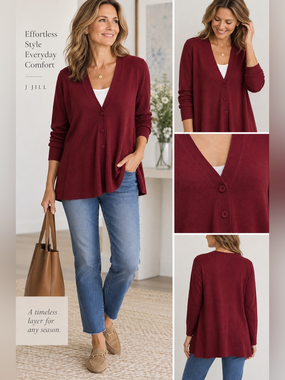 J. Jill NWT Cranberry Red V-Neck Cardigan Sweater Wool Blend Size M $89